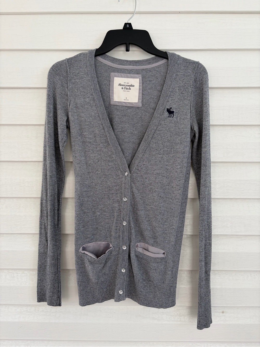 Abercrombie & Fitch Gray Cotton Cardigan S Moose Crystal Buttons Y2K 2000s